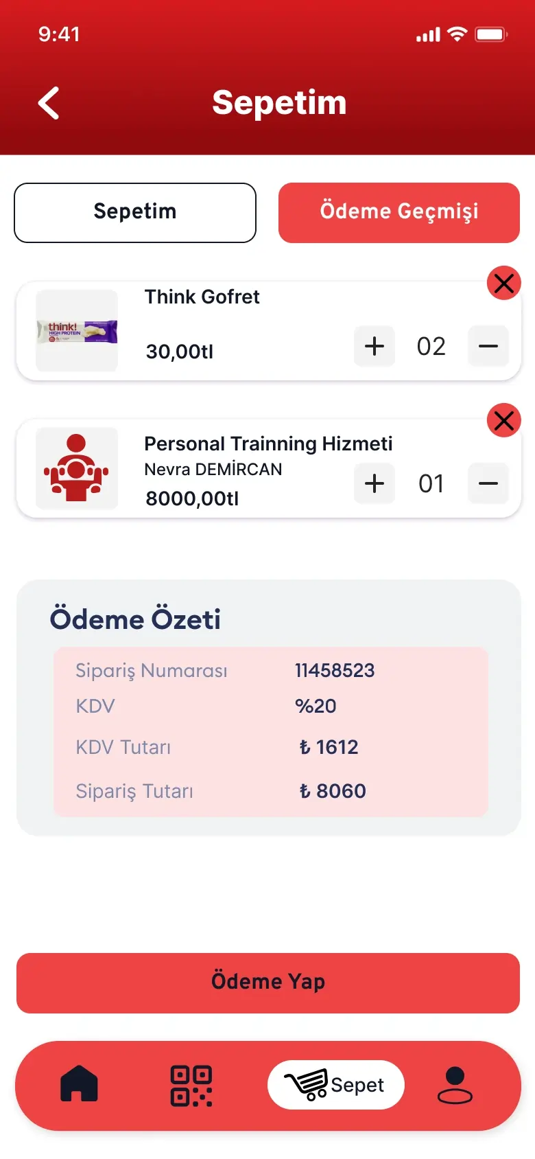 GymExxtra uygulama ekran görüntüsü - Sepetim